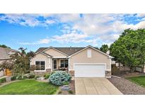 Charming single-story home featuring a well-manicured front yard, stone accents, and an attached two-car garage at 21062 Hawthorne Ln, Parker, CO 80138