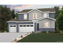 Charming two-story home with a three-car garage, landscaping, and a mix of gray and blue siding at 13920 Hanging Lake St, Parker, CO 80138