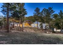 Charming home exterior featuring mature trees, outdoor lighting, and a hillside setting at 11848 Begole Cir, Golden, CO 80403