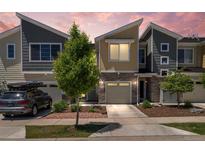 Modern townhome featuring stone accents, a single-car garage, and a manicured front yard with a young tree at 9719 Albion Ln, Thornton, CO 80229