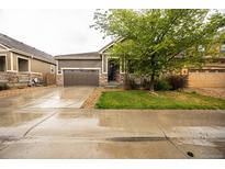 Charming home featuring a two-car garage, stone accents and well maintained landscaping on a wet, overcast day at 12652 Glencoe St, Thornton, CO 80241