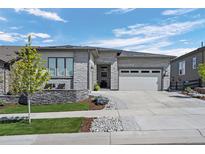 Beautiful single-story home with stone facade, manicured lawn, and attached two-car garage at 2144 Bellcove Dr, Castle Pines, CO 80108