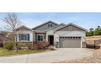 Charming single-Gathering home features stone accents, a two-car garage, and a well-manicured front yard at 3309 Thornwood Ct, Castle Rock, CO 80108