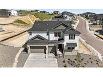 Stunning two-story home boasting a three car garage, manicured landscaping, and modern architectural details at 1733 Fox Trotter Pt, Castle Rock, CO 80104