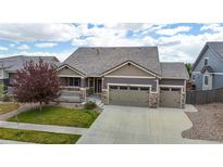 Charming single-Gathering home featuring a three-car garage and a well-manicured lawn at 15402 E 113Th Pl, Commerce City, CO 80022