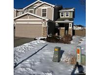 Two-story home with attached garage and snowy front yard at 6317 Wescroft Ave, Castle Rock, CO 80104