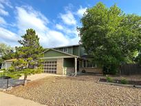 Two-story home with a green exterior, brick accents, and mature trees at 9852 W 76Th Ave, Arvada, CO 80005