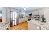 Modern kitchen features stainless steel appliances, granite countertops, and light gray cabinetry at 6260 Rain Dance Trl, Littleton, CO 80125