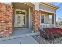Inviting front porch with brick pillars, a glass front door, and well-kept landscaping for a warm welcome at 1034 Halfmoon Dr, Castle Rock, CO 80104