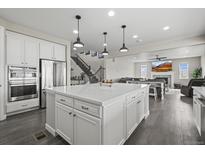 Bright, open kitchen boasts an oversized island, stainless appliances, and seamless flow to living spaces at 9021 Swan River St, Littleton, CO 80125