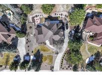 Stunning aerial view of the home showcasing the roof, landscaping, driveway, and patio at 8389 Owl Roost Ct, Parker, CO 80134