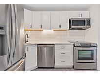 Modern kitchen featuring stainless steel appliances and white shaker cabinets at 165 S Sable Blvd # R14, Aurora, CO 80012