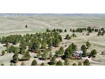 Expansive aerial view showcasing a home nestled among trees in a serene, open landscape with distant mountain views at 1740 Michael Gates Dr, Parker, CO 80138