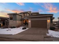 Stunning modern home with a large garage and snow-covered landscaping at 9524 Fork Bluff Pt, Lone Tree, CO 80124