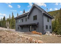 Beautiful exterior view of a grey two-story home with a stacked woodpile and mountain backdrop at 379 Rainbow Rd, Idaho Springs, CO 80452