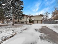 Charming two-story home featuring a driveway and a well-maintained lawn with mature trees under a partly cloudy sky at 1394 E Panama Dr, Centennial, CO 80121