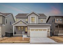 Charming two-story home with gray siding, a two-car garage, and a well-manicured front yard at 8903 Springsong Ln, Littleton, CO 80125