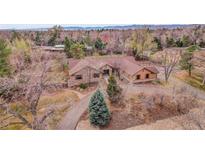 A stunning aerial view of the home reveals its stone and wood exterior and beautiful surroundings with mature trees at 4700 Homestead St, Bow Mar, CO 80123