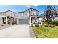 Charming two-story home with a well-manicured lawn, grey siding, and a welcoming front porch at 4585 High Mesa Cir, Castle Rock, CO 80108