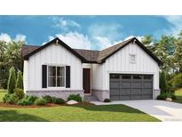 Charming one-story home with white vertical siding, black trim, and a gray garage door at 7014 E 126Th Dr, Thornton, CO 80602