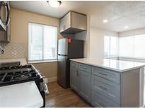Bright kitchen with an island, stainless steel refrigerator, gas range, and ample natural light at 1564 Verbena St, Denver, CO 80220