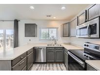 Well-lit kitchen features stainless steel appliances, gray cabinets, and a stainless steel sink below a bright window at 12507 Dexter Way, Thornton, CO 80241