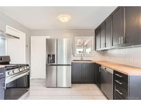 Updated kitchen features stainless steel appliances, new countertops, and stylish backsplash at 755 Newark St, Aurora, CO 80010