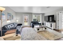 Bright living room featuring modern decor and a door to the backyard at 1303 S Danube Way # 104, Aurora, CO 80017
