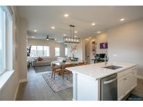 Open concept living area features a modern kitchen, dining space, and comfortable living room at 10018 E 62Nd Ave, Denver, CO 80238