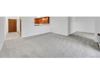 Open-concept living area featuring neutral paint, and soft, neutral carpeting with a pass-through window into the kitchen at 3022 S Wheeling Way # 205, Aurora, CO 80014
