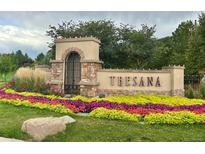 Beautiful community entrance sign with colorful flower beds and manicured landscaping at 9450 Sori Ln, Highlands Ranch, CO 80126
