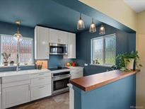 Updated kitchen features white cabinetry, stainless appliances, breakfast bar, and unique decorative windows at 3580 Krameria St, Denver, CO 80207