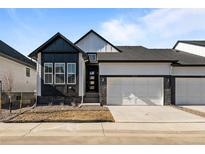 Modern home with a two-car garage, black trim, and a concrete driveway, enhancing its curb appeal at 8279 S Quail Ct, Littleton, CO 80127