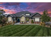 Stunning exterior showcasing a home with stone accents and a well-manicured lawn at 9563 Red Primrose St, Franktown, CO 80116