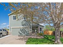 Charming two-story home with a well-maintained lawn, two car garage, and a welcoming front entrance at 8414 Coralberry Ct, Parker, CO 80134