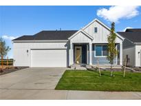 Charming home featuring a two-car garage, blue and white siding, a well-manicured lawn and a covered entryway at 761 Muturu Rd, Johnstown, CO 80542