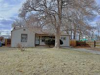 Charming single-story home with mature tree in the front yard on an overcast day at 945 Zenobia St, Denver, CO 80204