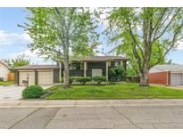 Charming brick home with a well-manicured lawn and mature trees, creating a welcoming curb appeal at 7503 Saulsbury St, Arvada, CO 80003