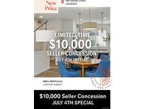 A modern dining area features stylish light fixtures and comfortable blue chairs around a wooden table at 1064 Depew St, Lakewood, CO 80214
