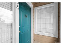 Stylish teal-colored front door with a decorative knocker and prominent unit number at 8475 Pebble Creek Way # 204, Highlands Ranch, CO 80126
