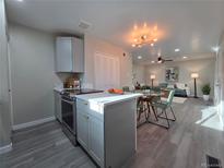 Stylish open-plan kitchen with stainless steel appliances and gray cabinets at 1250 S Monaco Pkwy # 17, Denver, CO 80224