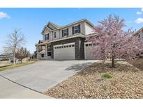 Charming two-story home with a three-car garage, and beautiful landscaping with a tree in full pink bloom at 4830 S Versailles St, Aurora, CO 80015