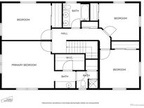 Upstairs floorplan featuring multiple bedrooms and baths, including a primary bedroom with walk-in closet at 3680 S Pontiac Way, Denver, CO 80237