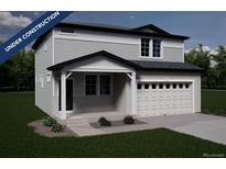 New two-story home with attached two-car garage and covered porch, in the process of being built at 3908 N Riviera Ct, Aurora, CO 80019
