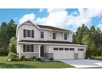 Charming two-story home featuring a front porch, three car garage and neutral siding with dark shutters at 5614 Riverbend Ave, Firestone, CO 80504