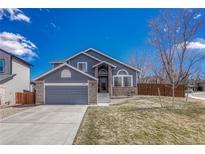 Charming two-story home featuring a gray exterior, brick accents, and a well-manicured front yard at 1655 Hermosa Dr, Highlands Ranch, CO 80126