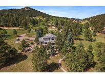 Beautiful mountain home nestled amongst trees on a sunny day with lush greenery and views at 31518 Niakwa Rd, Evergreen, CO 80439