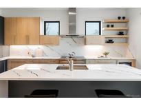 Modern kitchen with marble countertops, stainless steel appliances, and open shelving at 2160 Folsom St, Boulder, CO 80302