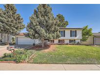 Charming two-story home with a well-manicured lawn, mature trees, and flower beds enhancing the curb appeal at 15531 E Jewell Pl, Aurora, CO 80013