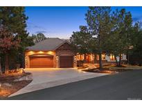 Charming home featuring a stone exterior, wood accents, well-lit driveway, and mature trees at 646 Ruby Trust Dr, Castle Rock, CO 80108